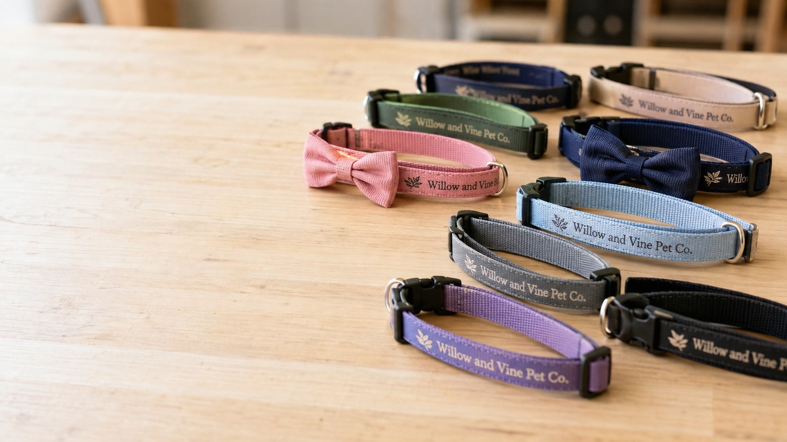 Custom printed cat collars with breakaway buckles laid out on a workbench